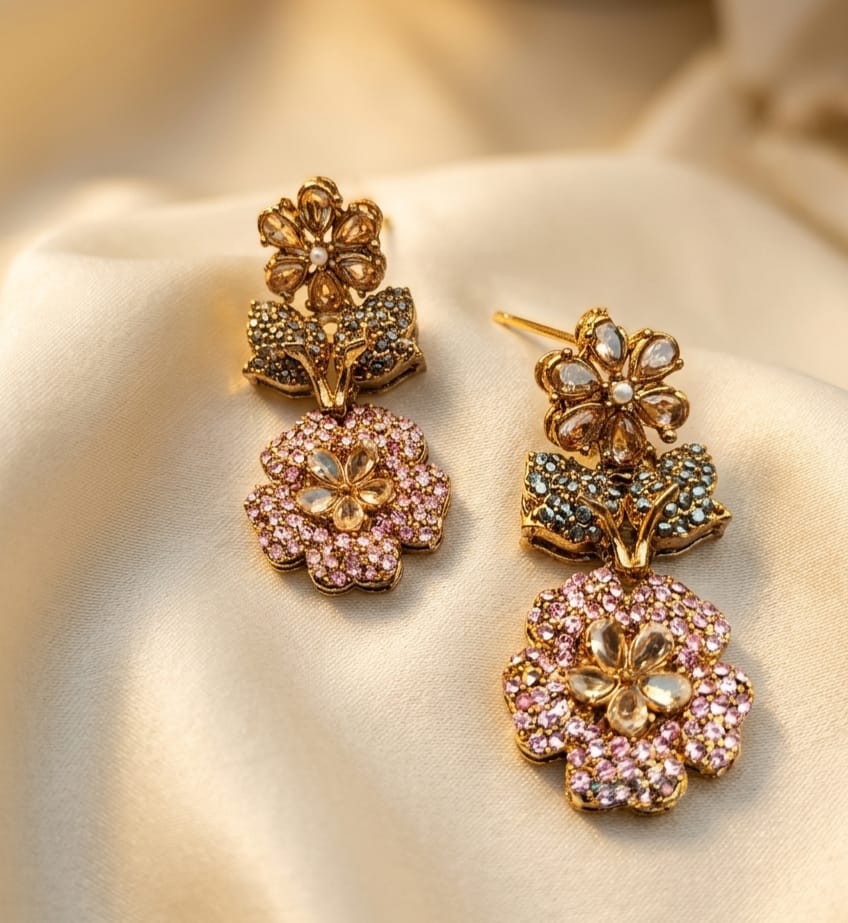 Antique Gold Floral Vine Dangle Earrings With Pink Pavé Blossom